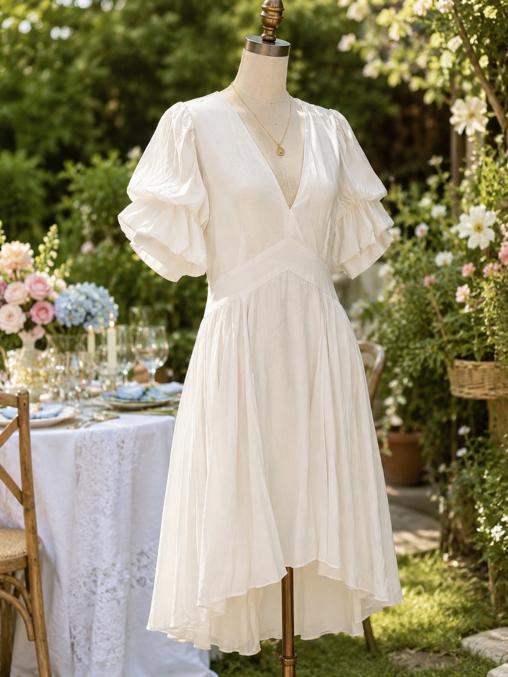 1. State White V-Neck Puff Sleeve Wedding Dress